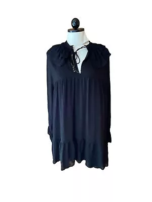 Zara Mini Dress Dotted Mesh Ruffled Long Sleeve Lined Party Casual Black Sz L • $25.50