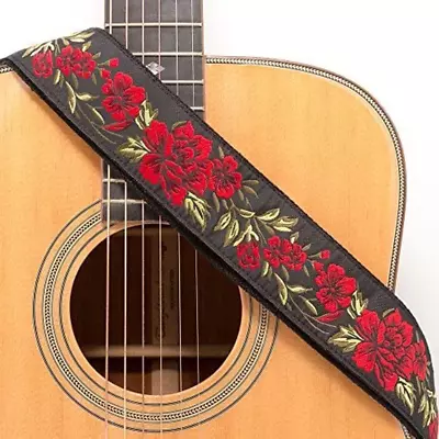 Red Rose Jacquard Woven Guitar Strap - Acoustic Electric Bass Black Ends • $22.99