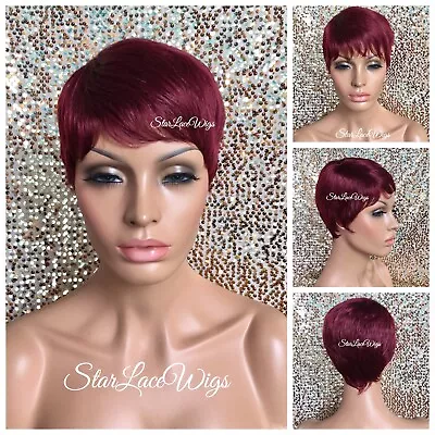 Synthetic Wig Bangs Burgundy Red Pixie Short Straight Feathered Heat Safe Ok • $43.34