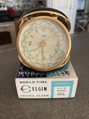 NEW Vintage 1969 Elgin World Time Travel Alarm Clock 8989 Black Continental • $75