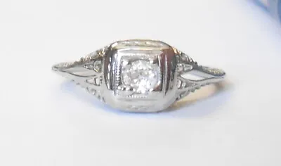 Vintage .11ct Mine Cut Diamond Solitaire 18K White Gold Filigree Ring 6.25 • $299