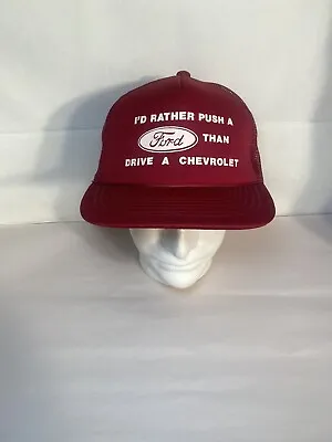 VTG Ford Hat Cap Snapback 80's I'd Rather Push My Ford Than Drive A Chevy RED • $49.49