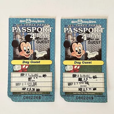 Vtg 1991 Walt Disney World 4-Day Used Passport Ticket All Three Parks Lot Of 2 • $49.05