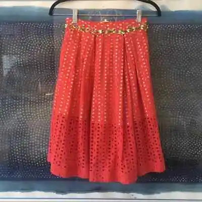 Three Floor $270 Gorgeous Designer Coral Eyelet Beaded Full A-line Skirt Size 0 • $45