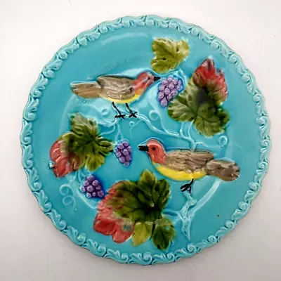 German Majolica Turquoise Plate Birds Grapes Leaves Vintage Decorative • $56.09