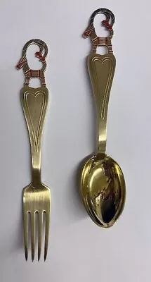 A Michelsen Sterling Silver Gold Wash Enamel Ram Christmas Spoon/Fork 1948 • $199.95