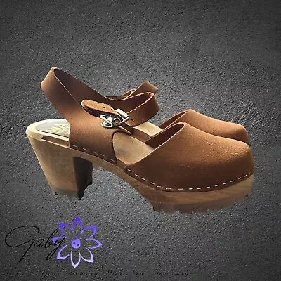 MIA Abba Leather Shoes Platform Grippy Sole Wooden Clog Sandals UK 5.5 EU 39 • £40