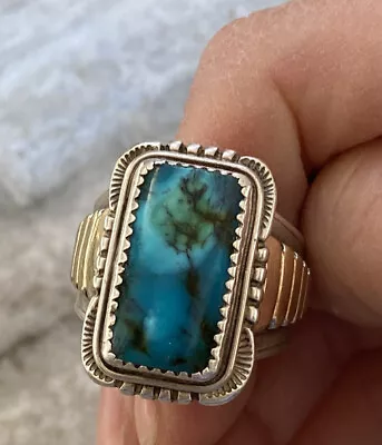 Native American Will Denetdale Navajo Sterling Silver & 14K Turquoise Mens Ring • $385