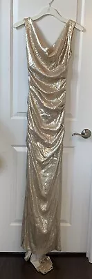 Nicole Miller Gold Sequin Mermaid Dress Floor Length With Train Size 0 • $125