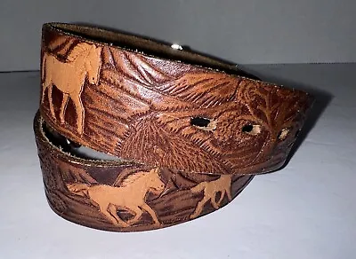 VTG Wrangler Leather Kids Belt Buckle Horses 22/55 Western Cowboy Tooled • $29.99