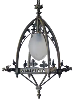 Gorgeous French Sanctuary Bronze Gothic Lantern Chandelier Ceiling Chimera 19TH • $1350