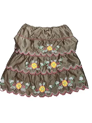 Homemade 3 Tier Costume Embroidered Skirt Brown Yellow Flowers Mexican Style • $19