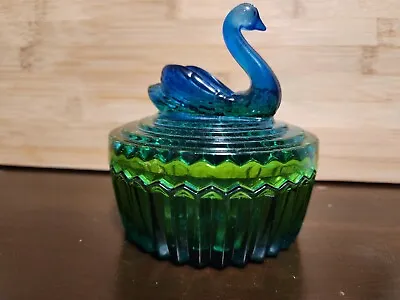 Vintage Swan On Lid Glass Candy Trinket Box Jar Dish Iridescent Blue/Green 5  T • $11.99