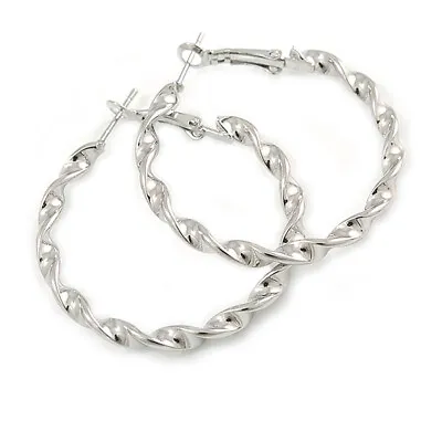 Medium Silver Tone Twisted Hoop Earrings - 40mm D • £8.95