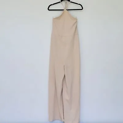 Zara | Halter Ruffle Back Wide Leg Jumpsuit Beige Size L Cotton Stretchy NWT • $29.99