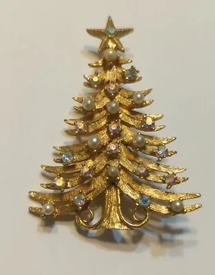 Vintage MYLU Gold AB Rhinestone Pearl Christmas Tree Pin Brooch • $29.99