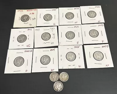 Lot Of 15 Silver US Mercury Dimes 1916-1945 Good To Extra Fine • $1