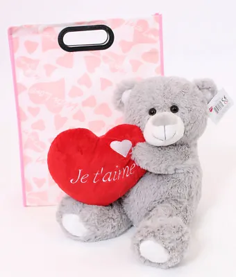 Valentines Teddy Bear Je T'aime In Gift Bag Day Grey I Love You French Plush 16  • £12.99