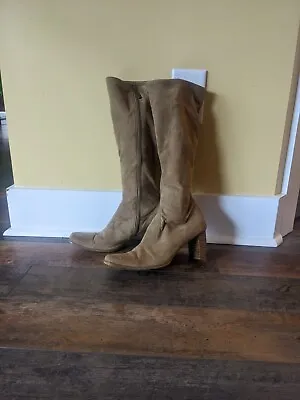 Vintage 90s Candies Knee High Heeled Gogo Boots Tan Faux Suede Size 8 • $45