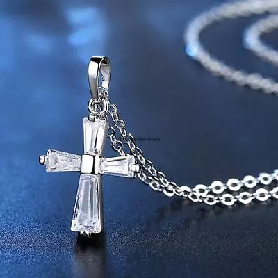 AUSTRIAN CRYSTAL CROSS FAITH Pendant On 925 Sterling SILVER 22  Necklace Women • $19.94