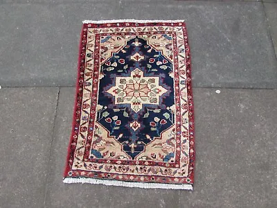 Vintage Hand Made Traditional Rug Oriental Wool Blue Red Small Rug 90x60cm • £60