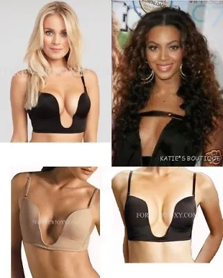 Bra SEXY DEEP U PLUNGE CONVERTIBLE V BRA Sexy Multi-Ways DANCE PROM BEIGE Sz 40D • $13.78