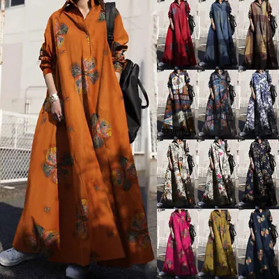 UK Women Long Sleeve Floral Printed Casual Loose Baggy Shirt Dress Shirt Dresses • £18.84