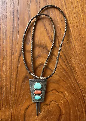 Vintage Native American Silver Turquoise And Coral Bolo • $250