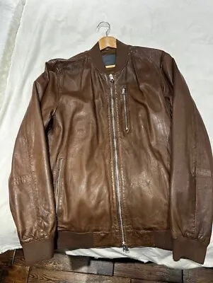 All Saints Mens Brown Leather  Kemble  Jacket Size XL • £110