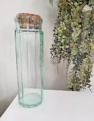 Vintage Aqua Green Depression Glass Tall Spaghetti Jar With Cork Lid 32 Cm • $68