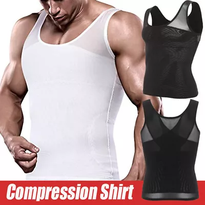 Men's Compression Tummy Slimming Body Shaper Shirt Abdomen Control Abs Vest Tank • £19.99