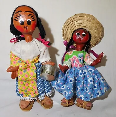 Lot Of 2 Vintage Mexican Doll Folk Art Oil Cloth Females  Leather Sandals • $7.99