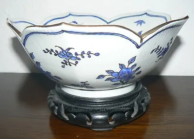 Chinese Porcelain Blue And White Bowl With Carved Wooden Stand Perfect Condition • £11.60