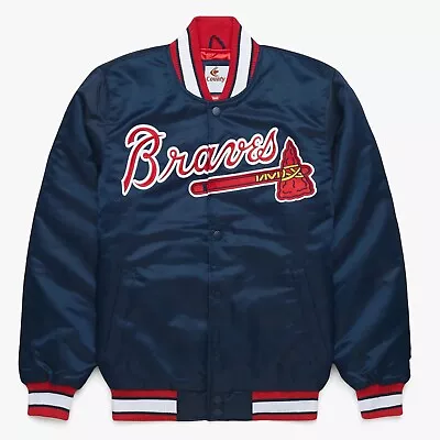 MLB Atlanta Braves Navy Blue Satin Bomber Baseball Letterman Varsity Jacket • $104.98