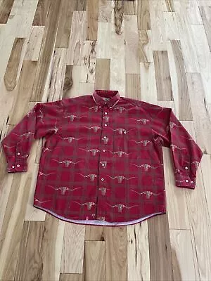 VTG Barn Fly Button Down Red Mens Shirt M Longhorn Rodeo Barbed Wire Print FLAW • $18.95