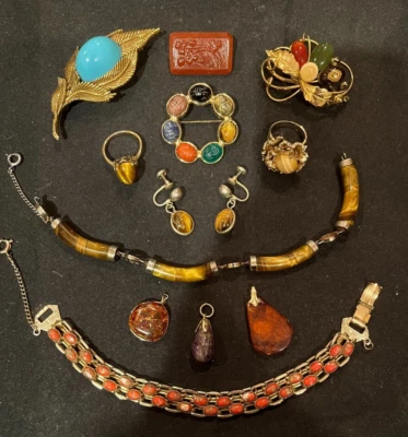 $40 • Buy Vintage Jewelry Lot Stone Scarab Cabochon Tigers Eye Signed Sterling Gold Filled