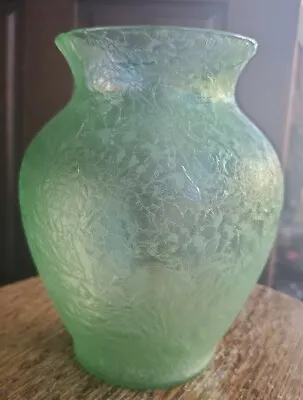 Antique Mont Joye French Art Glass Nouveau Chipped Ice Frosted Floral Green Vase • $499.99