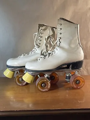 Vintage White Roller Skates Yellow Wheels Roller Derby  Size 7 • $29.25