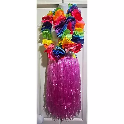 23  Hawaiian Grass Hula Skirt Lei Set Costume Beach Party Pink Summer Fun Adult • $12.99