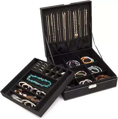 Two Layer Black Jewelry Box Organizer With Lock And Key Display Case For Men Or • $34.99