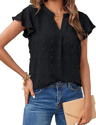 $6.65 • Buy Women 2023 Summer V Neck Ruffle Short Sleeve Blouse Dot Flowy Shirt Tunic Top .