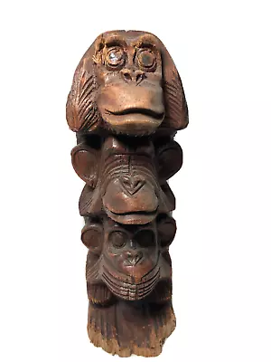 3 Wise Monkeys Hear Speak See No Evil Stacked Hand Wood Carved Statue Primitive • $13.10