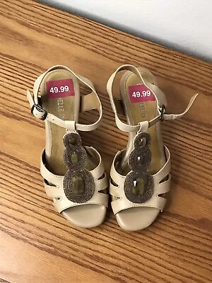 Michelle D Tan Leather T Strap Wedge Jeweled Sandals Women’s Size US 6 M • $14.99