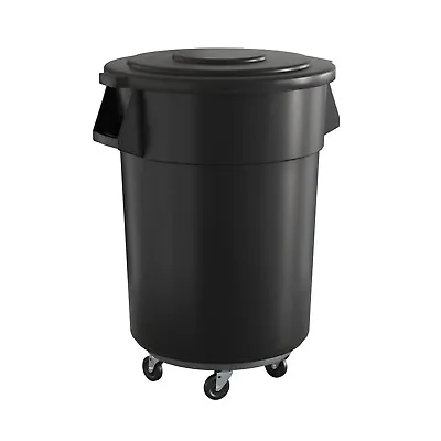 Commercial Round Plastic Trash Can With Lid And Dolly 55 Gallon Black • $239.99