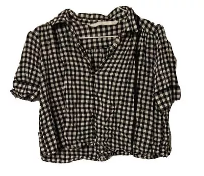 Zara Blouse Shirt Top Womens Size S Small Gingham Cropped Ties Viscose Black  • $24.99