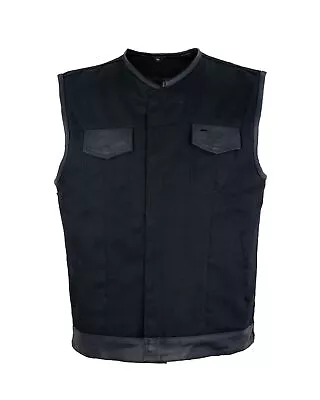 Men's Black Denim Vest Motorcycle Concealed Leather Trims Waistcoat • $121.40