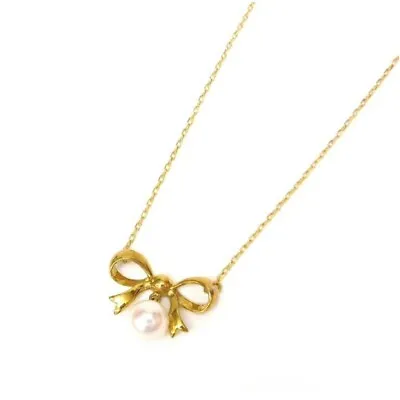 Mikimoto Pearl Ribbon Necklace 18K Yellow Gold Pendant With Box • $487.52