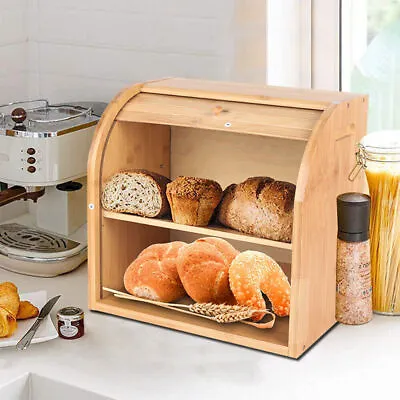 2-Layer Bread Box Bread Keeper Bamboo Wood With Lid Kitchen Storage Containers • $42.30