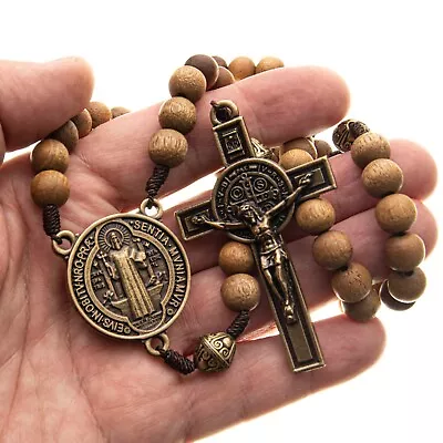 Large Catholic 10mm Wood Rosary Beads 20  Necklace Strong Cord Men Women • $22.95