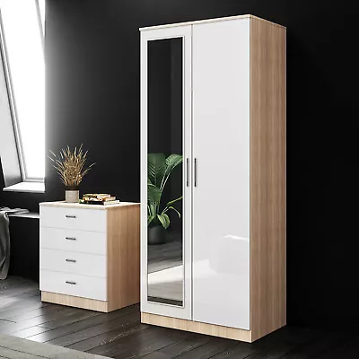 High Gloss 2 Door White&Oak Wardrobe Bedroom Furniture Storage With Hanging Rail • £134.99